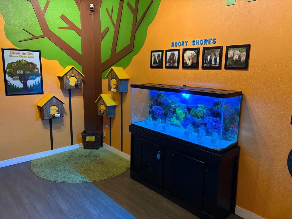 Room view with a tree mural in the corner. In front of the tree are 4 bird houses with yellow roofs. A large fish tank sits against one wall with 5 animal pictures above it, and the words Rocky Shores above the pictures.