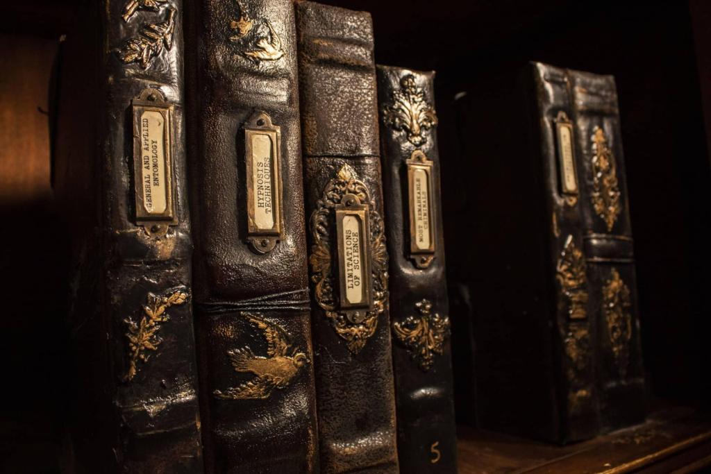 A shelf filled with leather-bound books