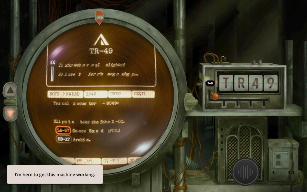 a retrofuturistic computer with a large circular monitor displays garbled text. the phrase TR-49 is prominent. there is a caption that reads "I'm here to get this machine working."