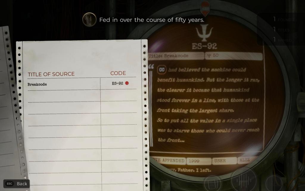 piece of printer paper in the foreground that reads "Title of Source" and "Code" with mostly blank list space underneath. In the background is a large circular antique computer monitor with a description of something called "Breakcode."