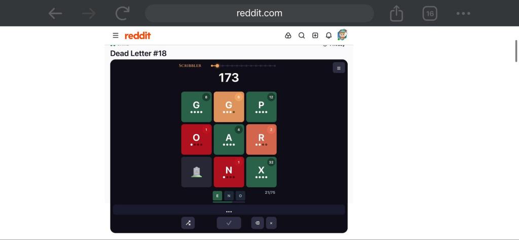 A 3 by 3 grid with different colored boxes containing a single alphabet letter each