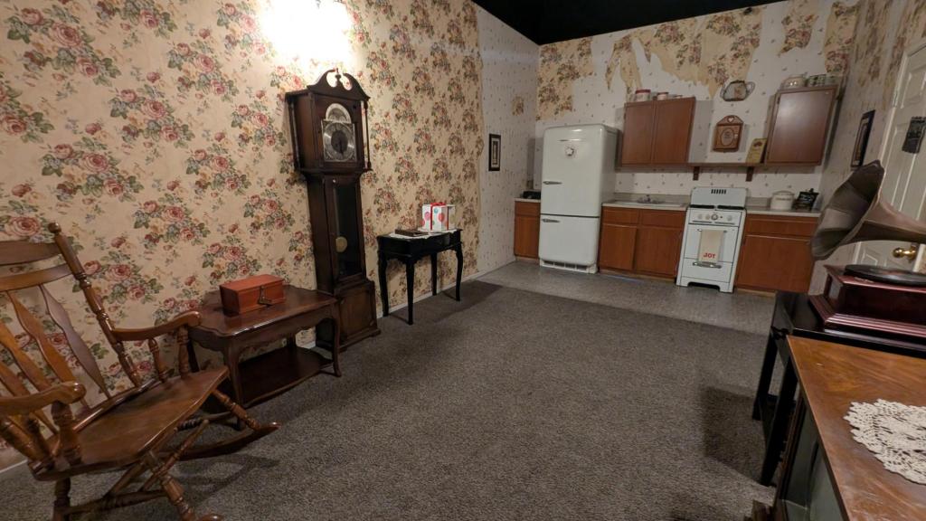 A simple living room and kitchen area with floral wallpaper and grey carpet