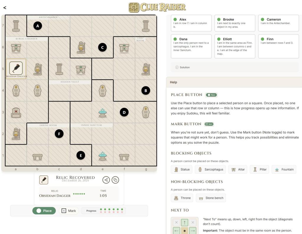 Image from the daily puzzle game Clue Raider with a grid on the left and clues on the right.
