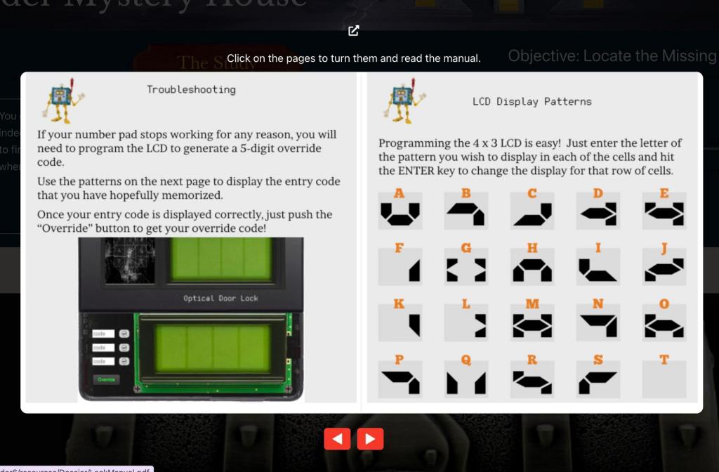 Screenshot of a puzzle from Murder Mystery House. The puzzle has explanatory text and pictures of an LCD screen.