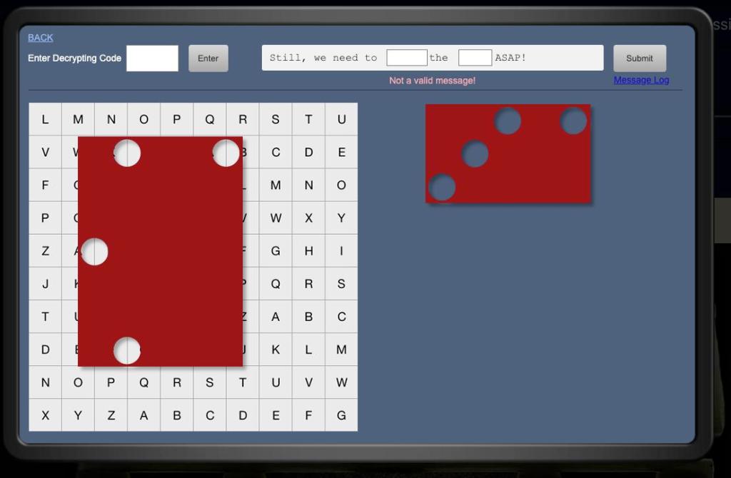 A 10x10 grid of letters on top of a blue background, and two red rectangles with circles cut out. On top is space to enter the code word.