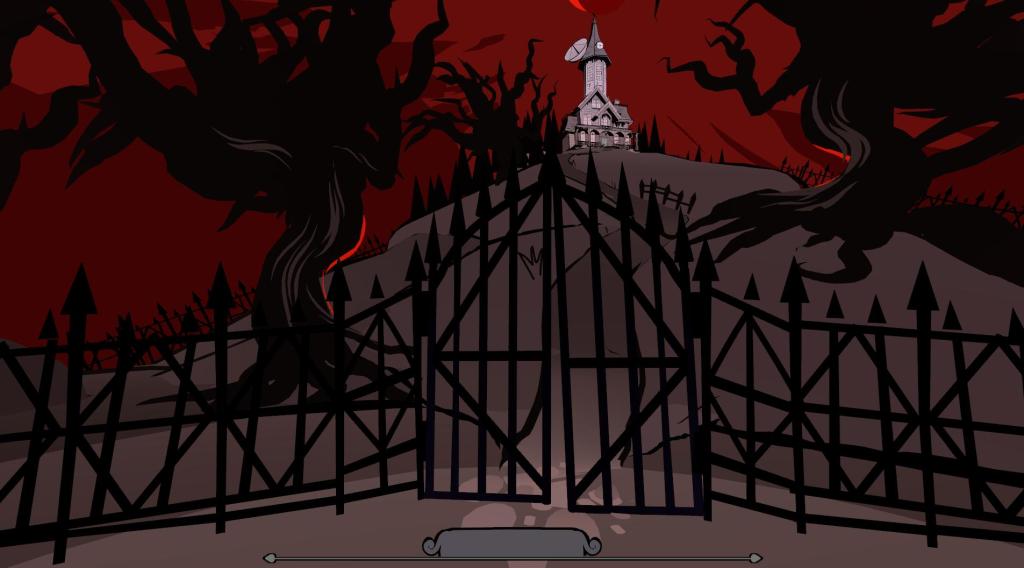 A screenshot from the game Riddlewood Manor, showing an iron fence in the foreground. In the background on a hill is a large house set against a red sky.