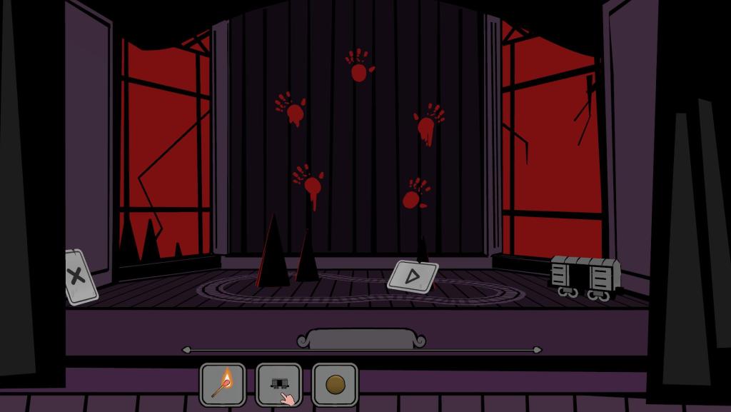 A screenshot from the game Riddlewood Manor, showing a wall with 5 bloody handprints between windows showing a red sky.