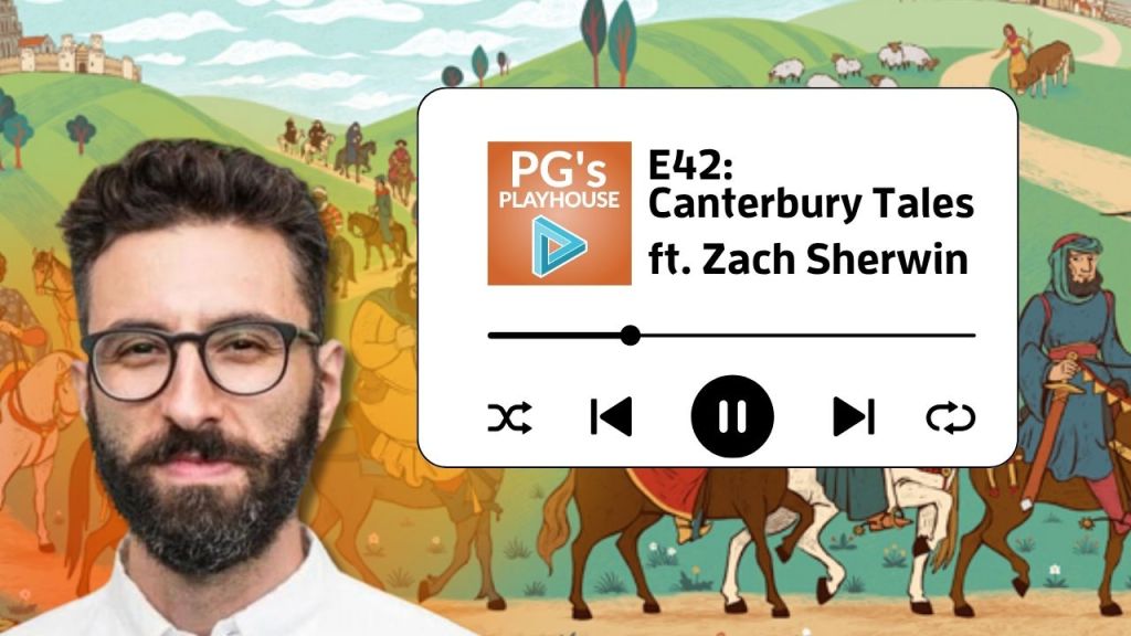 man with dark brown hair and dark brown beard, wearing glasses in white button down shirt. background is cartoon image of medieval pilgrims riding on horses through hills