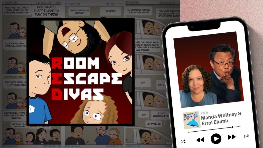 asian man in suit blowing a kiss, next to a woman with medium length curly dark blonde hair, smiling. cartoon image that reads Room Escape Divas