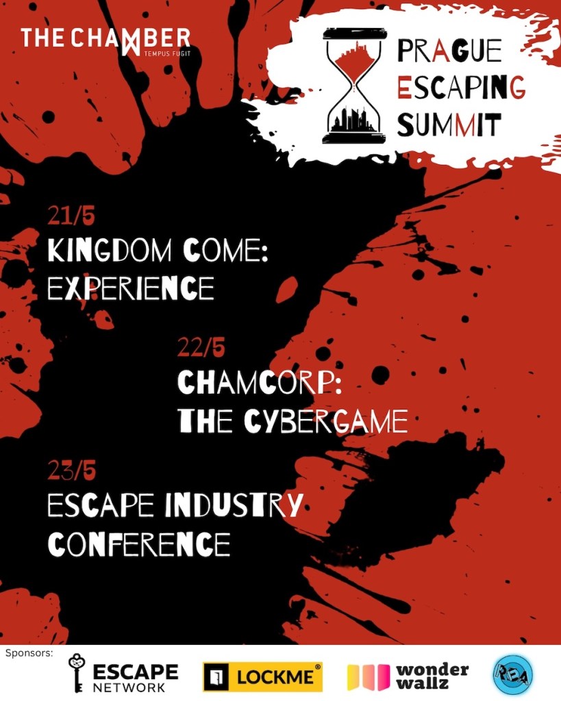 A poster in black, red, and white from the Prague Escaping Summit in 2026 listing the two games included in the event plus a one-day escape industry conference.