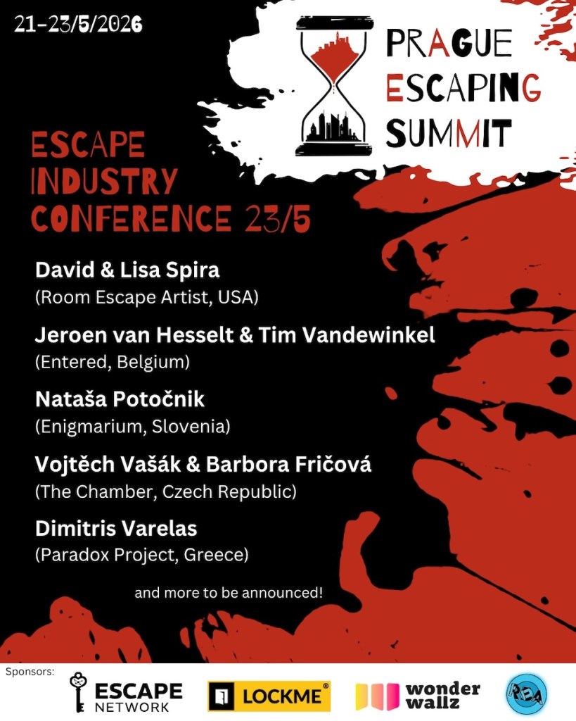 A poster in black, red, and white for the Prague Escaping Summit in 2026, and escape industry conference. It lists 5 speakers with more to be announced.