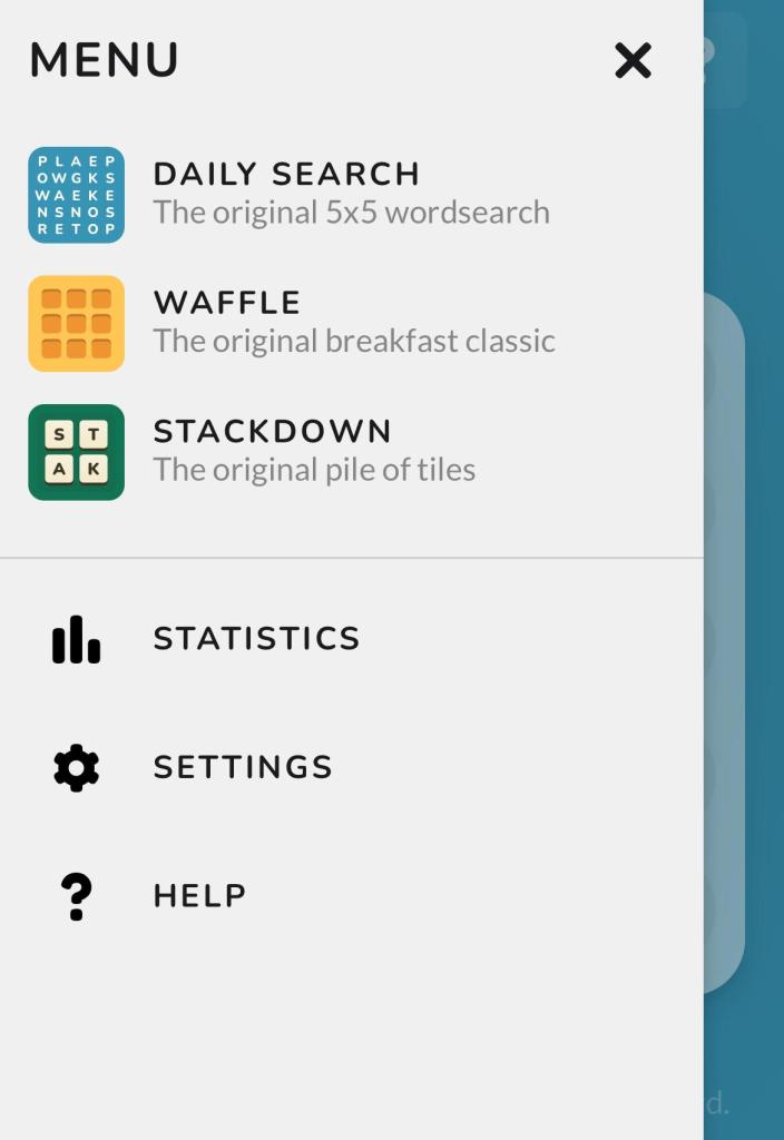 Menu of Waffle Games including Daily Search, Waffle, and Stackdown
