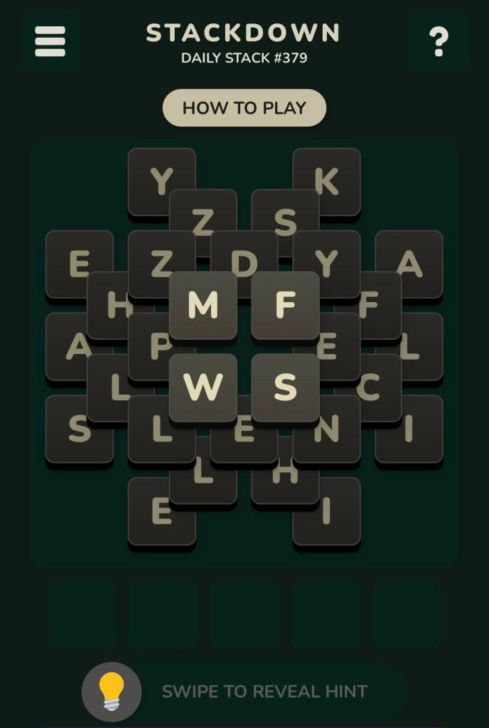 Stackdown image of letters arranged on a phone screen with a "how to play" button above the arranged letters.