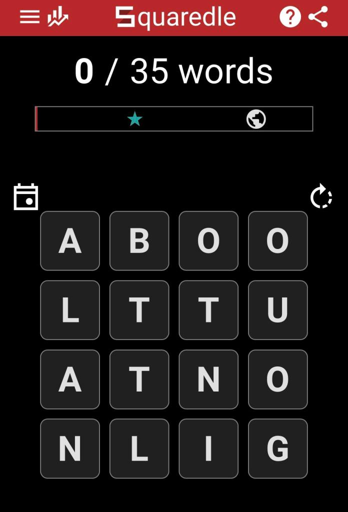 Squardle image showing 0 our of 35 words found at the top and a 4 by 4 letter grid below
