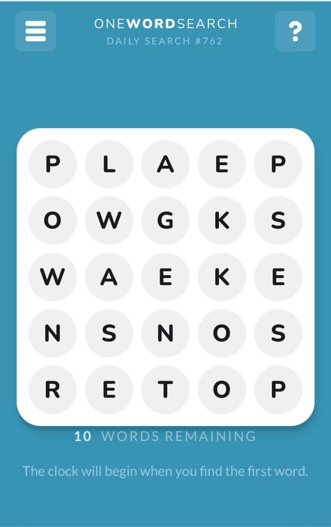 Onewordsearch screen with a 5 by 5 letter grid and below it the text "10 words remaining" that need to be found