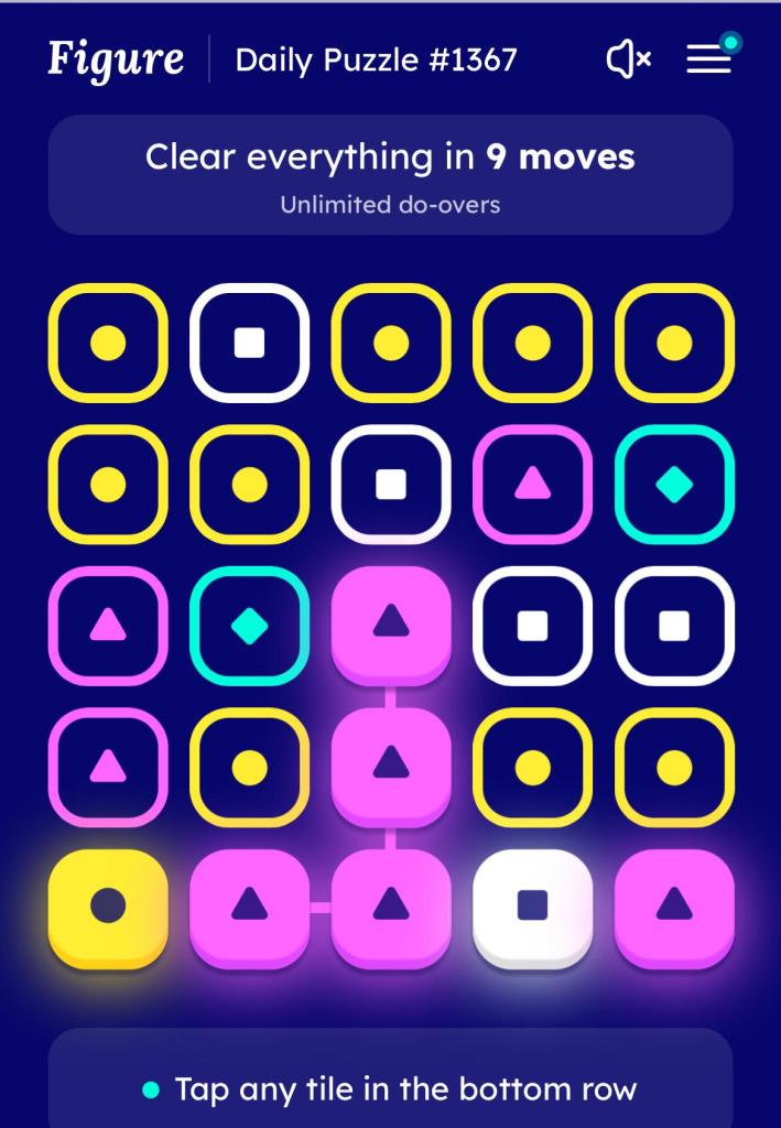 Figure screen image with the text "clear everything in 9 moves" above a 5 by 5 grid where each box has a yellow circle, white square, blue diamond, or link triangle inside it.