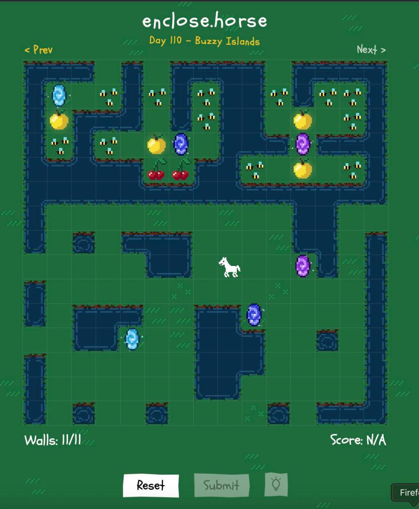 enclose.horse screen image of a gridded map with green grass patches, blue water, a horse, some fruit, and obstacles.