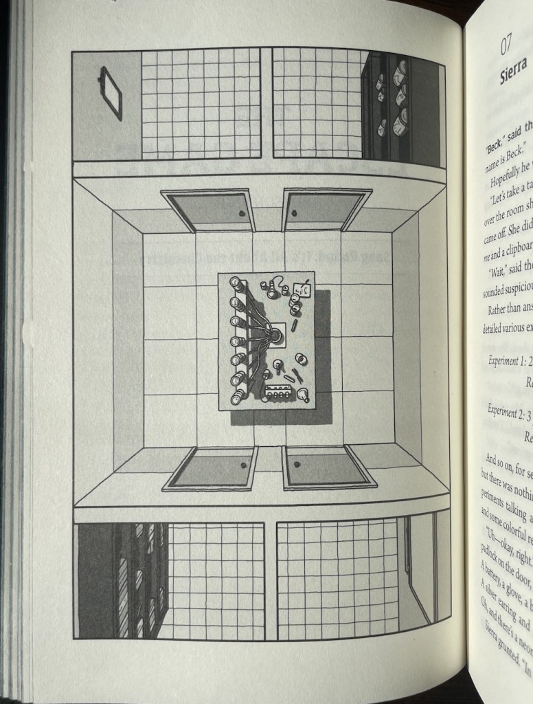 A page from a book, depicting the floor-plan of an escape room.