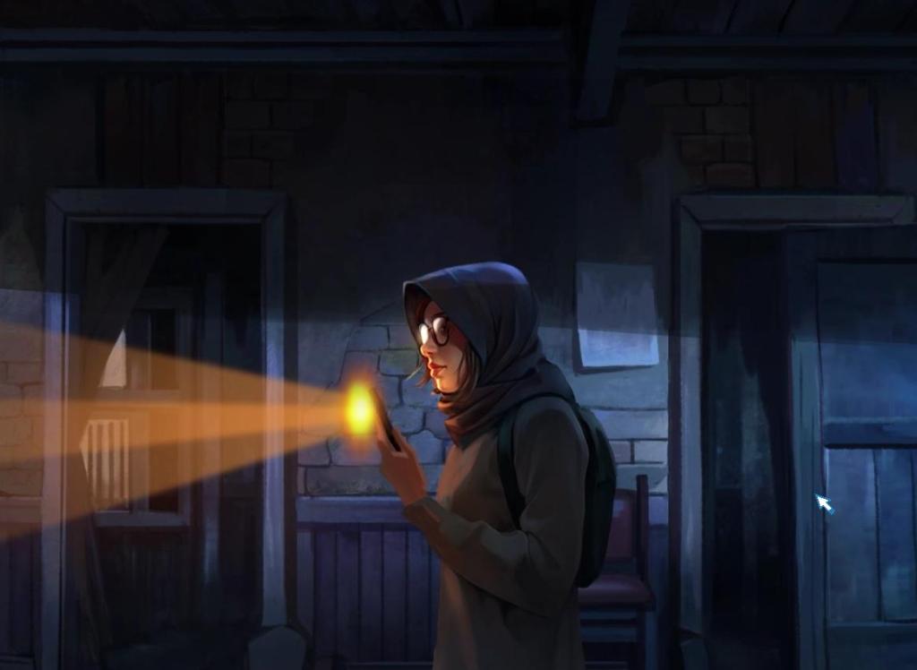 A character wearing a headscarf and sweatshirt shines a cell phone flashlight in a dark corridor.