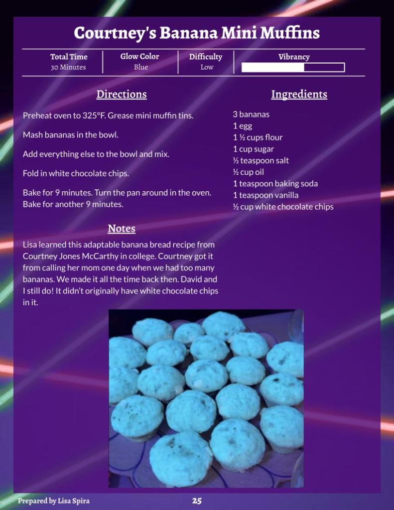 Recipe page for Courtney's Banana Mini Muffins, includes a photo of banana bread muffins glowing blue under black light.