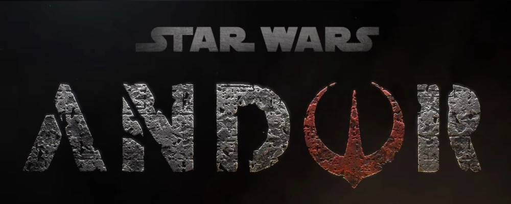Original logo for the Star Wars tv series Andor. With the words Star Wars above the word Andor with the rebel insignia in place of the O.