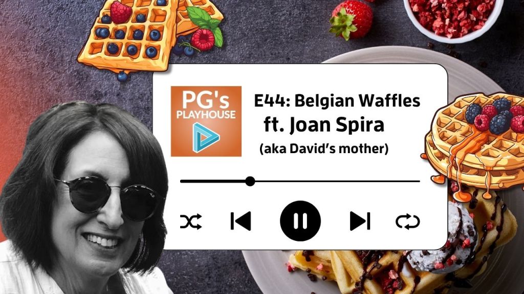 black and white image of woman with chin length dark hair, wearing sunglasses and a white top, smiling. background image of belgian waffles