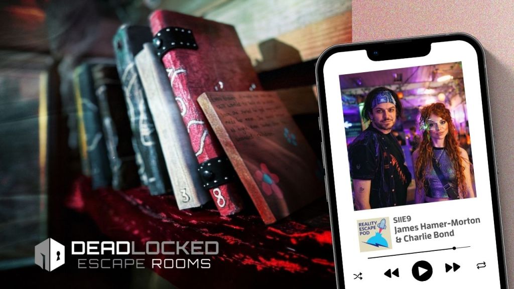 man with short beard and long dark brown hair, wearing a headband and shiny open shirt over a t-shirt. Woman with long curly red hair with a lit-up cyberpunk face accessory in a shiny halter top. Background image is closeup of prop books in escape room