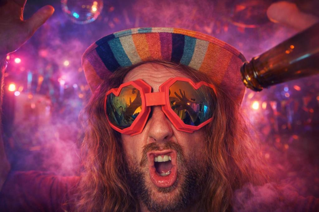 A bearded man with a wild party reflected in his heart-shaped glasses