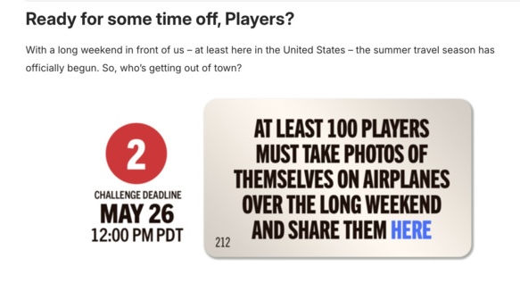 A challenge that says, "At least 100 players must take photos of themselves on airplanes over the long weekend and share them here" by May 26th at noon