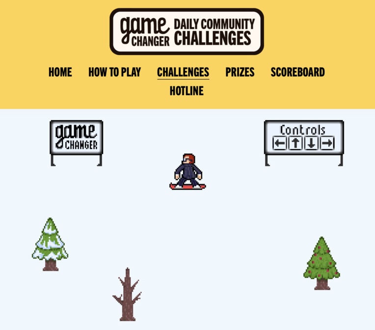 A snowboarding video game on the Game Changer Daily Community Challenges page. It depicts Sam Reich on a snowboard.