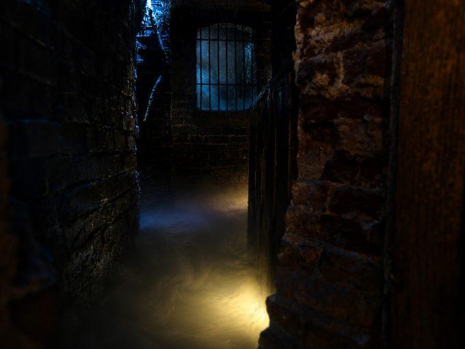 Image of a long, dark hallway with stone walls and a gated door at the end. Fog swirls on the ground.