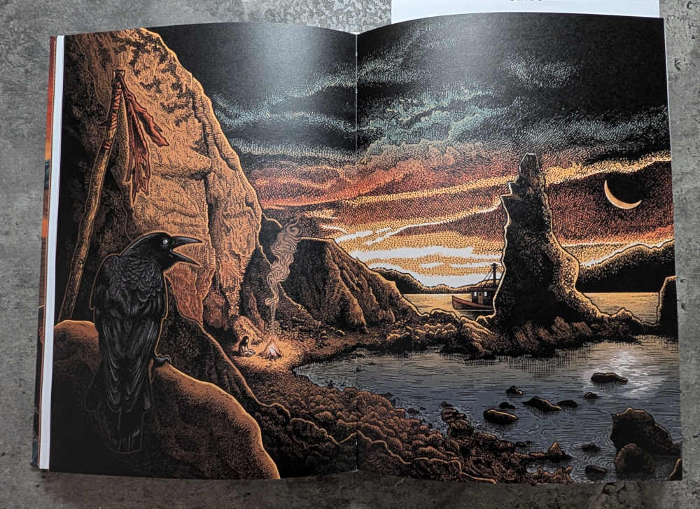 A two page art spread from The Stormlamp Rituals showing an eerie beach landscape with a crow and girl by a campfire.