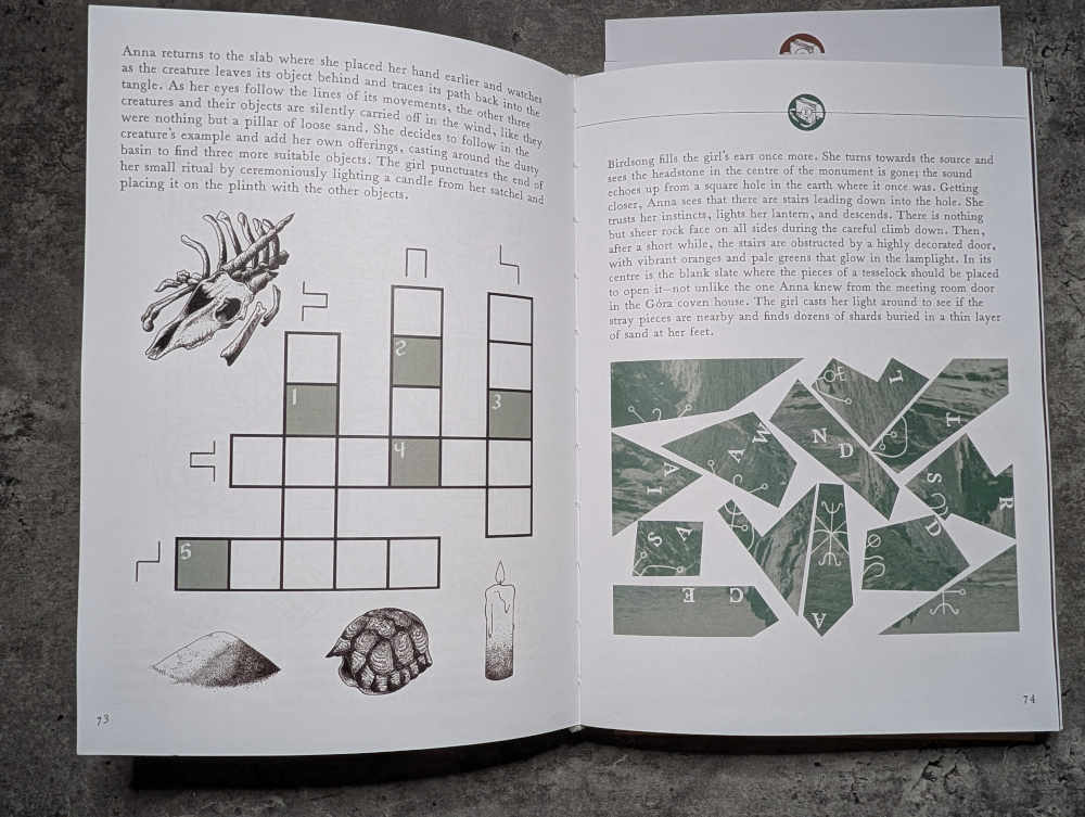 Two pages from the book The Stormlamp Rituals, showing two puzzles and some narrative text.