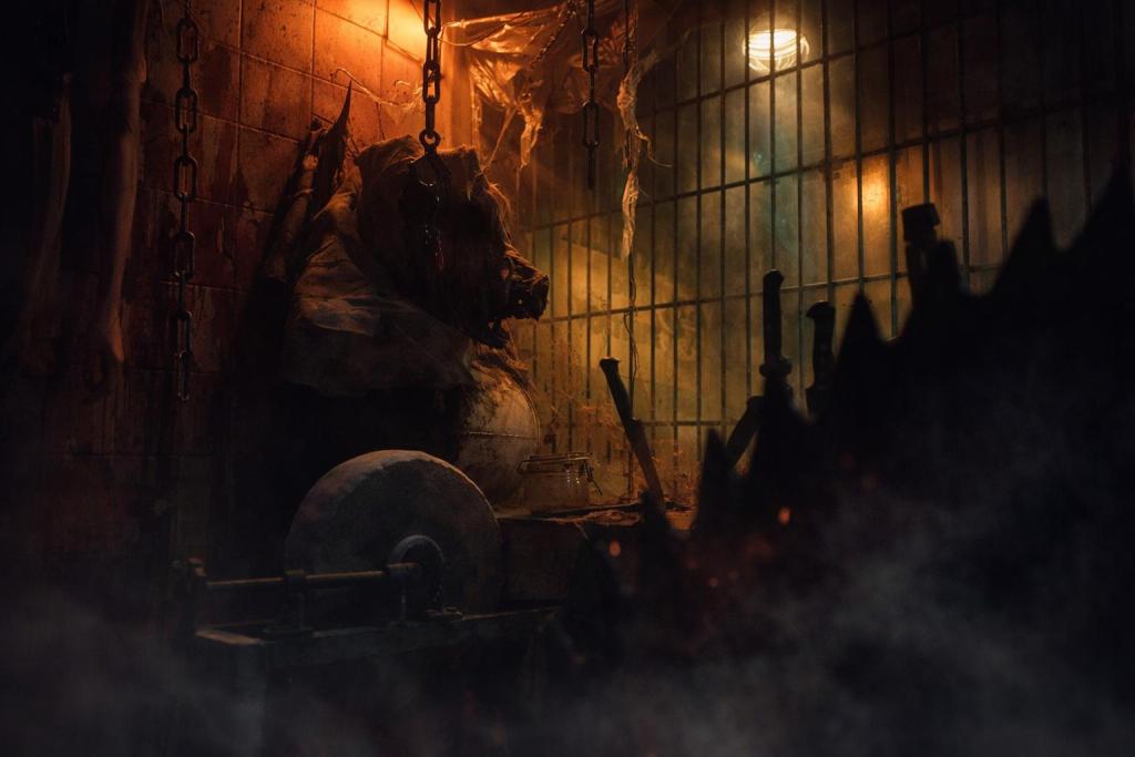A dark misty room of a slaughterhouse with a hanging animal head