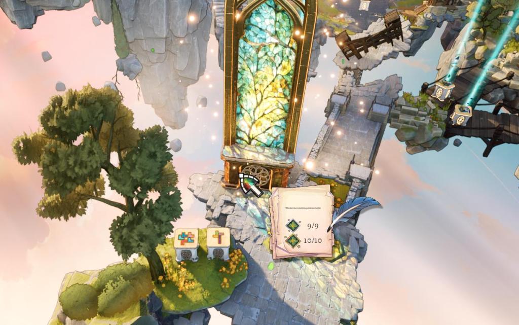 A fantasy inspired overworld map, focused on a large freestanding stained glass window.