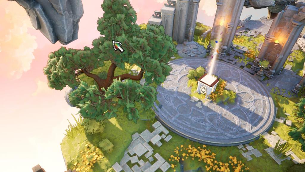 A fantasy inspired overworld map, focused on a stone plinth that is casting a beam of light upward.