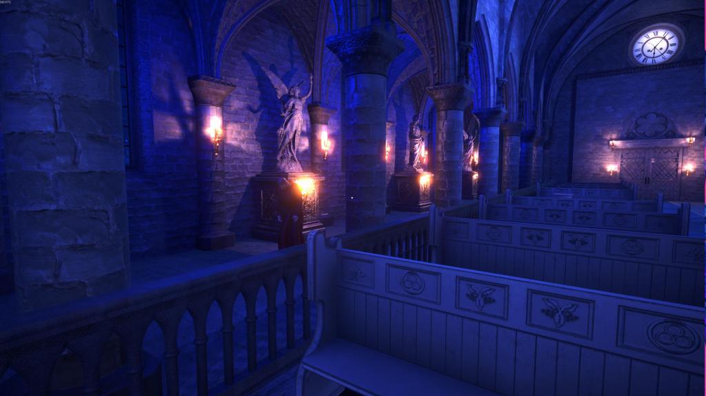 Behind pillars, statues of angels line the wall of a gothic church.