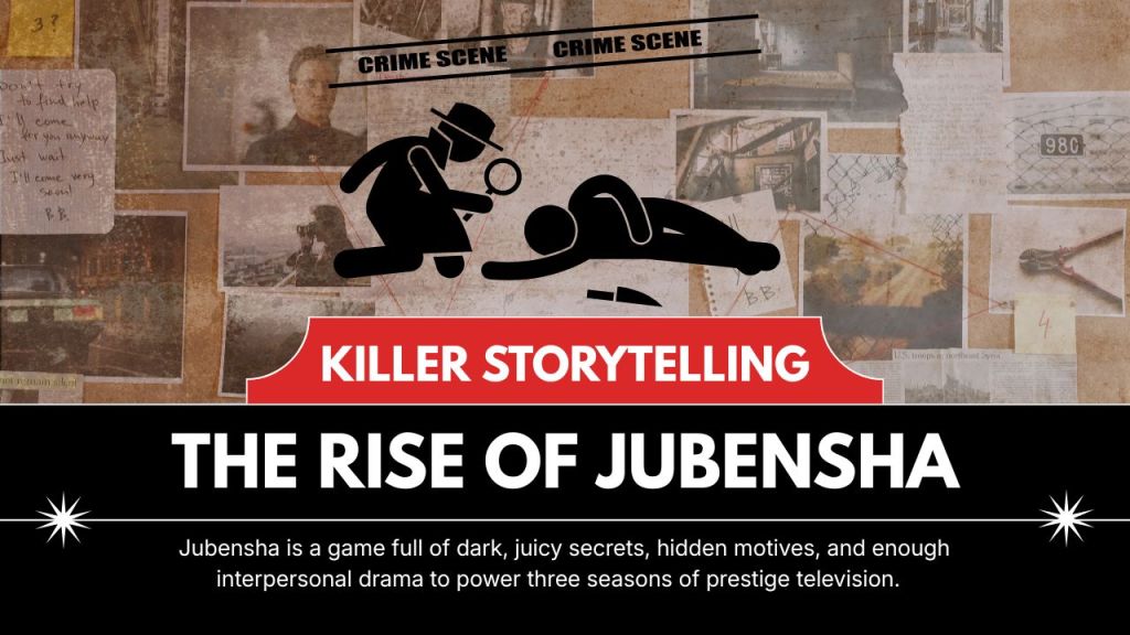 background is bulletin board filled with crime scene investigation. cartoon of detective examining a body. text reads "killer storytelling" and "rise of jubensha"