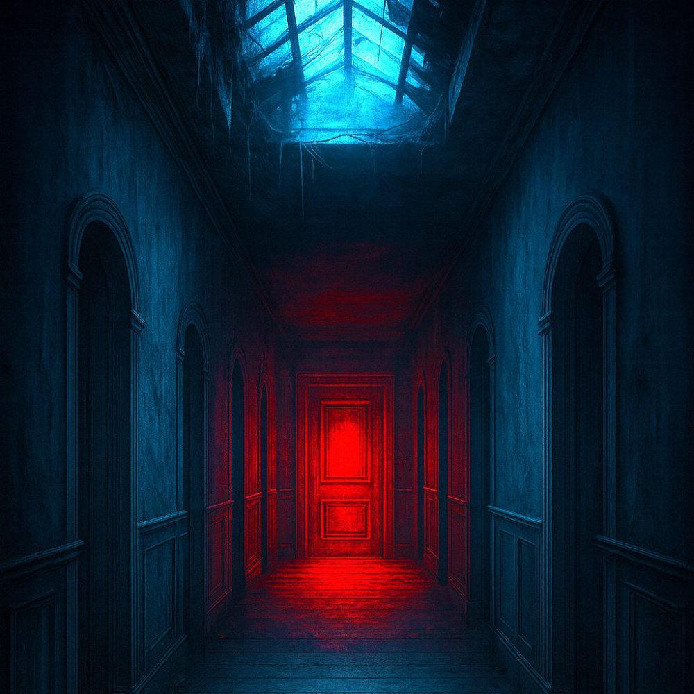 A red door is illuminated at the end of a dark hallway below a blue skylight that is covered in vines and cobwebs.