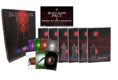 blood moon pact box jubensha game pictured with images of cards and character booklets