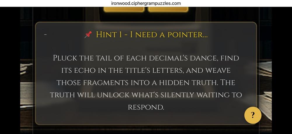 A screenshot of the hint interface in the game app with the text of hint 1 on the screen