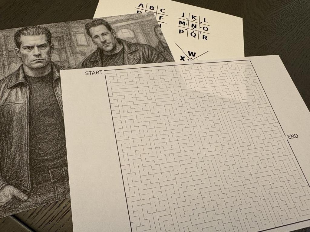 Printed game materials including in the background a pigpen key and a drawing of two mean in leather jackets, and in the foreground a maze