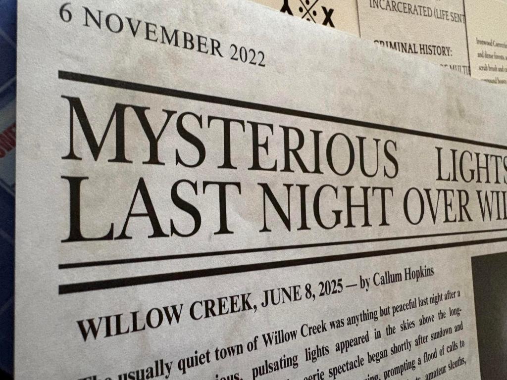 A close up on a printed newspaper headline about mysterious lights last night with the publishing date before the article date.