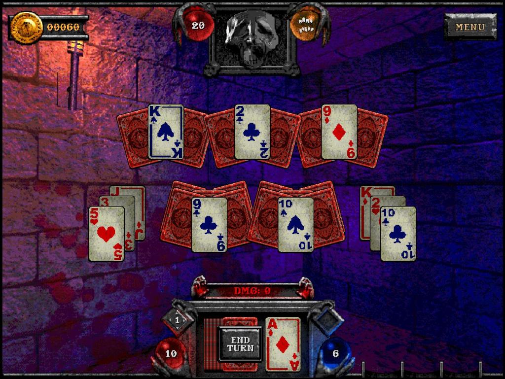 Piles of playing cards with red backs sit in arranged piles, overlayed on the background of a creepy dungeon. The top of the screen shows a health bar.