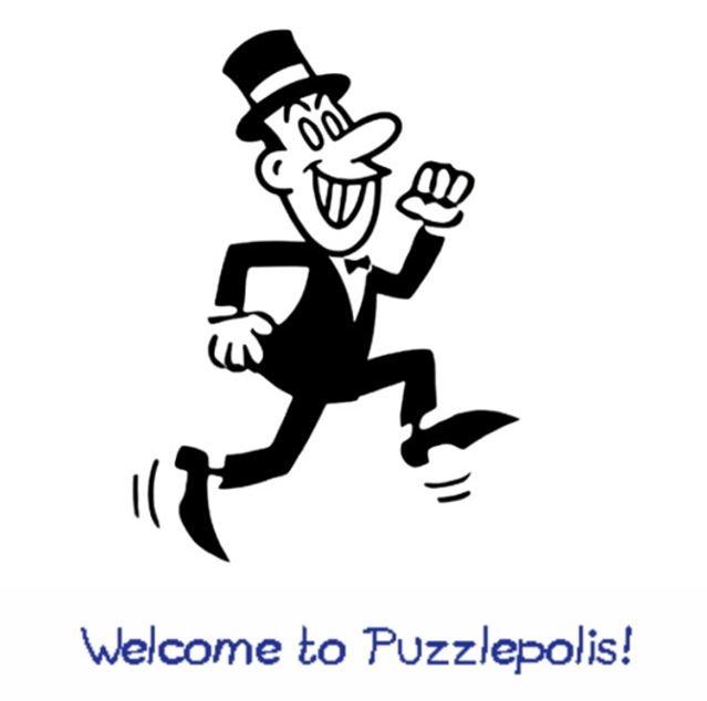 Black and white cartoon man with a top hat running. "Welcome to Puzzlepolis" is written below him.