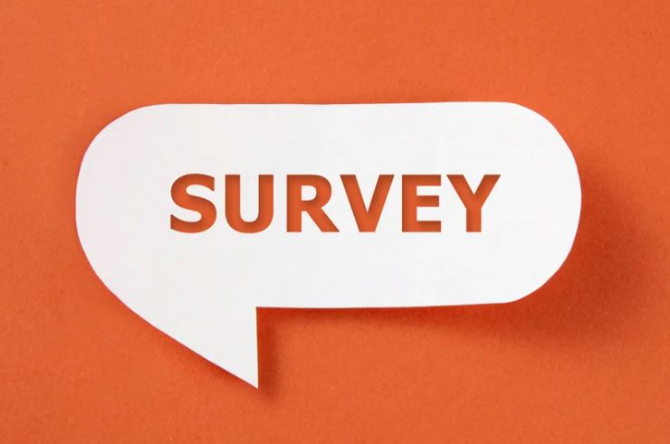 orange background with white speech bubble and the word "survey" inside