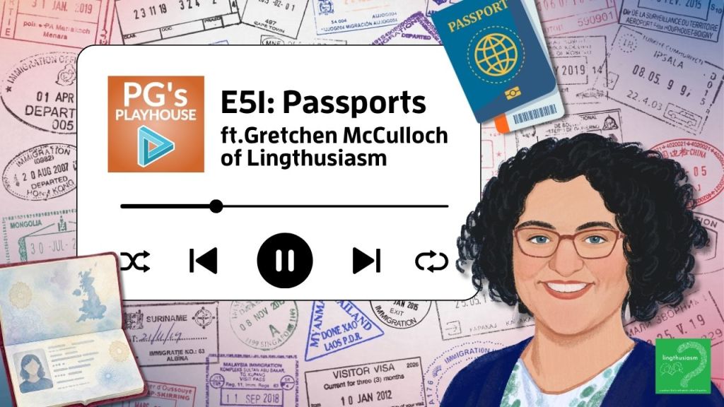 illustration of woman with black curly hair, red glasses and blue eyes. Background of passport stamps and illustrations of passports