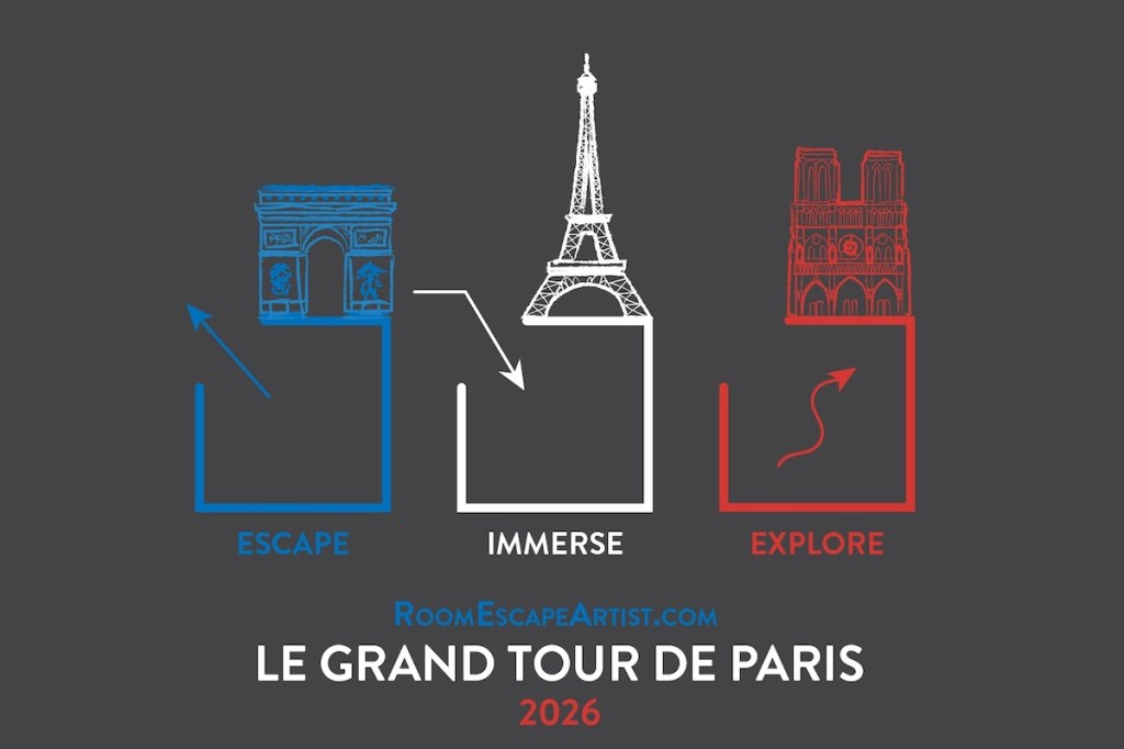Logo for Escape Immerse Explore Paris with a drawing of the Arc de Triomphe in blue above the word escape, a drawing of the Eiffel Tower in white above the word Immerse and a drawing of Notre-Dame in red above the word Explore