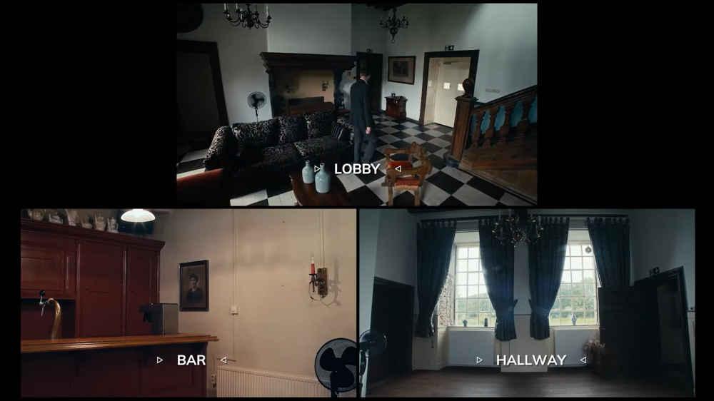 Three security camera feeds, labeled Lobby, Bar, and Hallway.