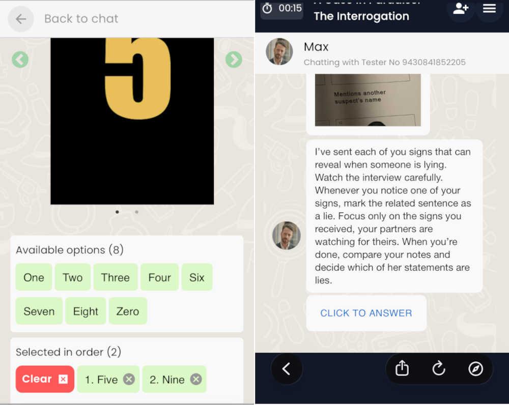 Two phone screenshots side by side showing chat screens from the game A Case in Paradise. The left side shows a puzzle input, and the right shows a conversation.